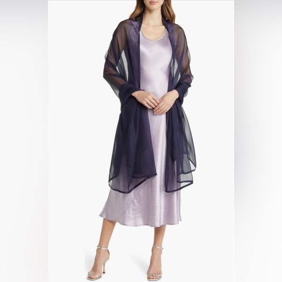 💯 Silk Huge Satin Border Navy Blue Sheer Chiffon Scarf, Brand New With Tags - Picture 3 of 13